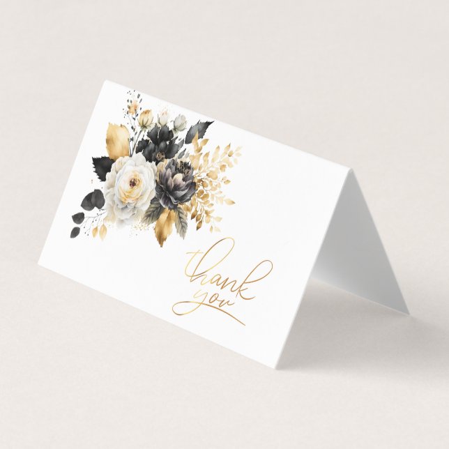 Visite Carte de remerciement Fleurs Noires Blanches Dorée (Devant)