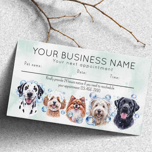 Visite Carte de rendez-vous aquarelle chiens bulles (Appointment card dog grooming bathing dogs bubbles. happy dogs)