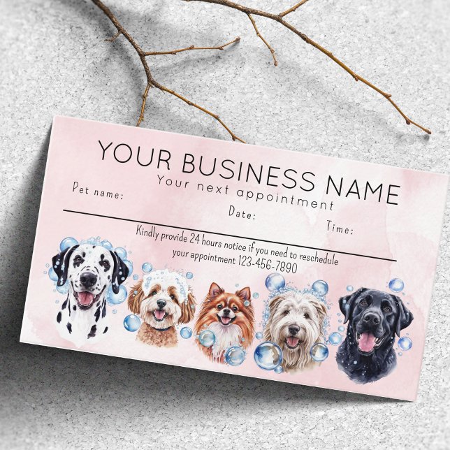 Visite Carte de rendez-vous aquarelle chiens bulles (Appointment card dog grooming bathing dogs bubbles. happy dogs)