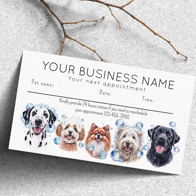Visite Carte de rendez-vous aquarelle chiens bulles, blan (Appointment card dog grooming bathing dogs bubbles. happy dogs)