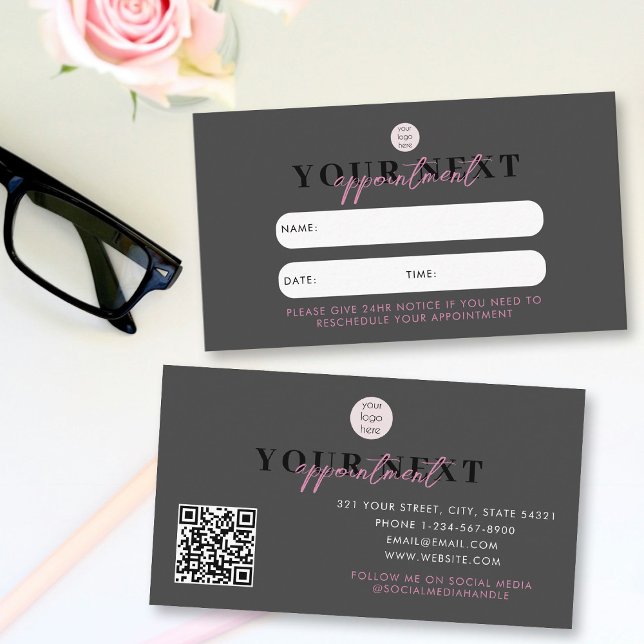 Visite Carte de rendez-vous client rose noir Code QR Logo (Black Pink Client Appointment Card QR Code Logo)