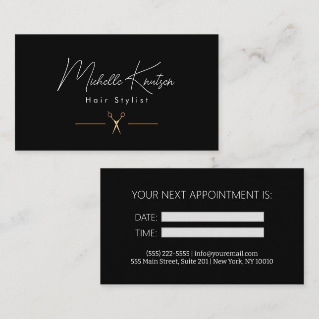 Visite Carte de rendez-vous de coiffure moderne en noir b (Devant / Derrière)