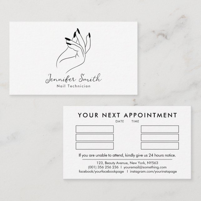Visite Carte de rendez-vous de technicien en ongles propr (Devant / Derrière)