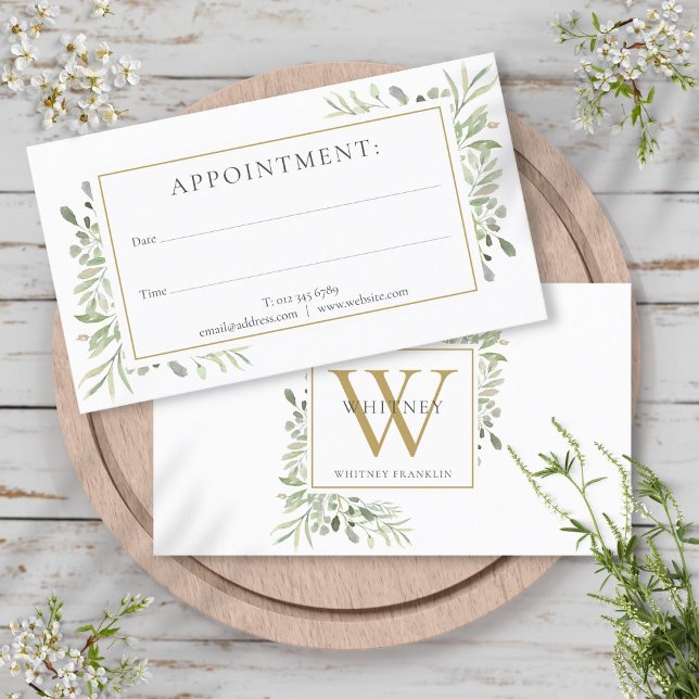 Visite Carte de rendez-vous Gold Monogram Green (Gold Monogram Greenery Appointment Card)