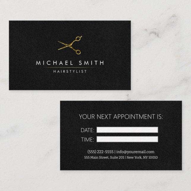 Visite Carte de rendez-vous pour coiffeur en or noir mode (Devant / Derrière)