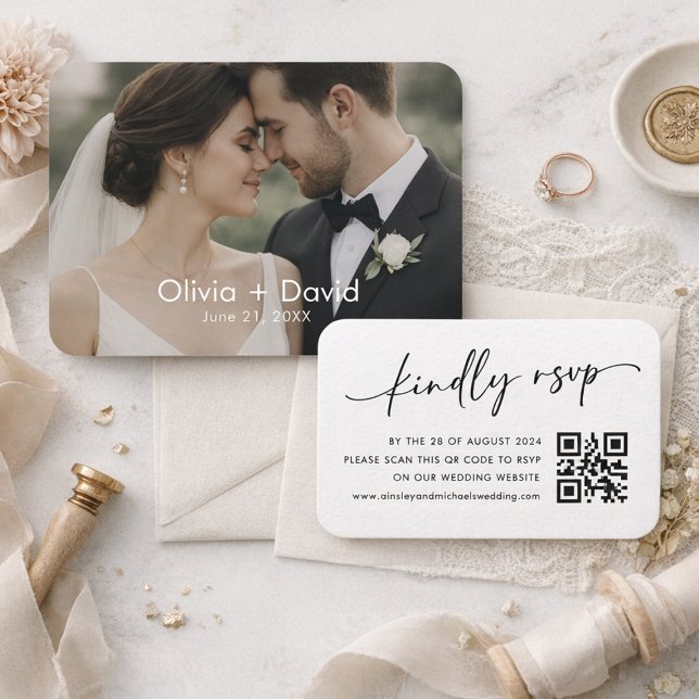 Visite Carte de réponse de mariage élégante avec QR Code (Elegant wedding QR code card with modern photo collage)