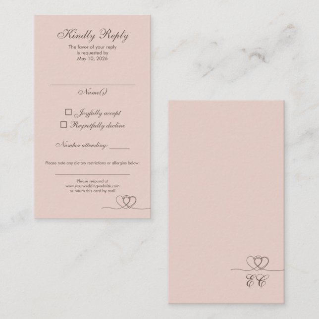 Visite Carte de réponse de mariage moderne beige rosé, mé (Devant / Derrière)