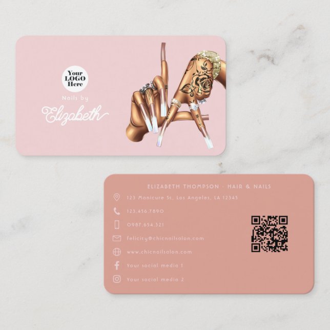 Visite Carte de salon de manucure Rose Gold Blush Pink LA (Devant / Derrière)