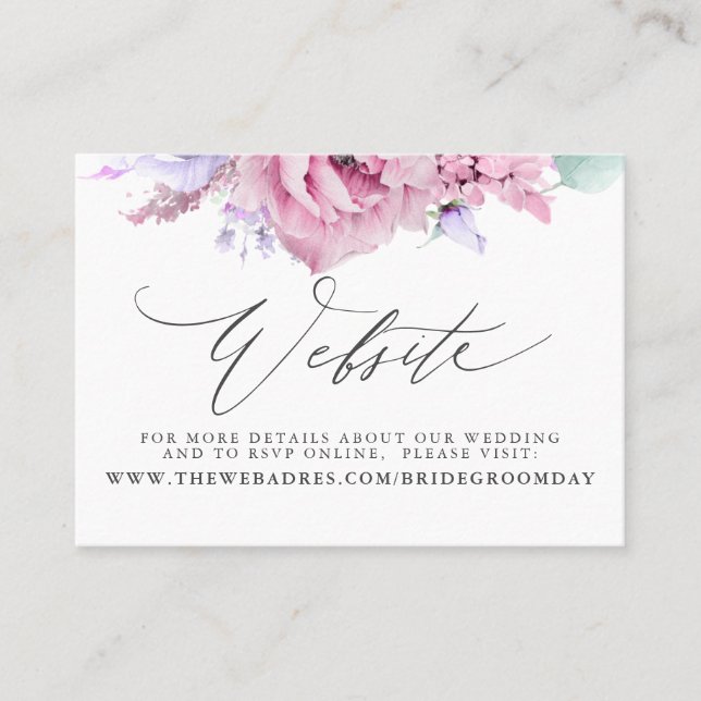 Visite Carte de site Web de Mariage de fleurs rose-pourpr (Devant)