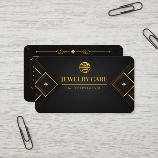 Visite Carte de soins de bijoux géométriques en or noir d (Devant/Arrière en situation)