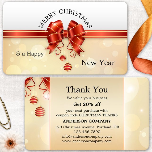 Visite Carte de vœux de Noël pour entreprise (Thank You business card featuring an elegant Christmas design with your custom Holiday wishes)
