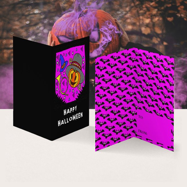Visite Carte d'échange de Citrouille Horn Bat Halloween (Happy Halloween Pumpkin Bugle Bats Purple Background Kids Exchange Card)