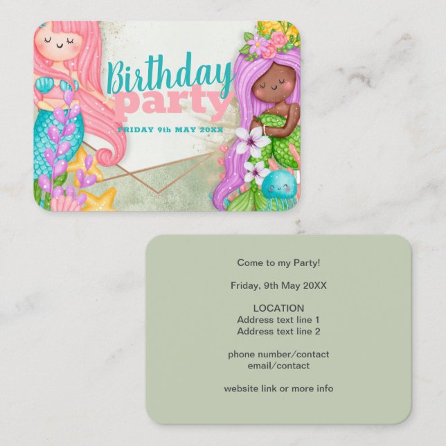 Visite Carte d'invitation pour l'anniversaire de sirènes (Devant / Derrière)