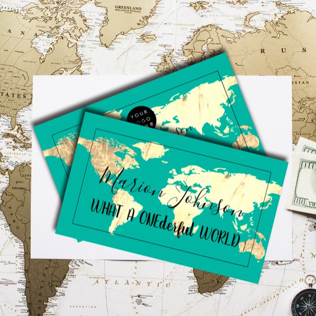 Visite Carte du monde Carte Globe Agence de Voyage Gold T (World Map Globe Map Travel Agency Gold Teal Blue Business Card)