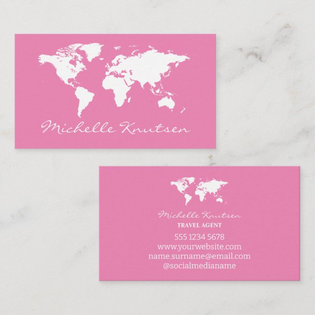 Visite Carte du monde de l'agent de voyage rose et blanc  (Devant / Derrière)