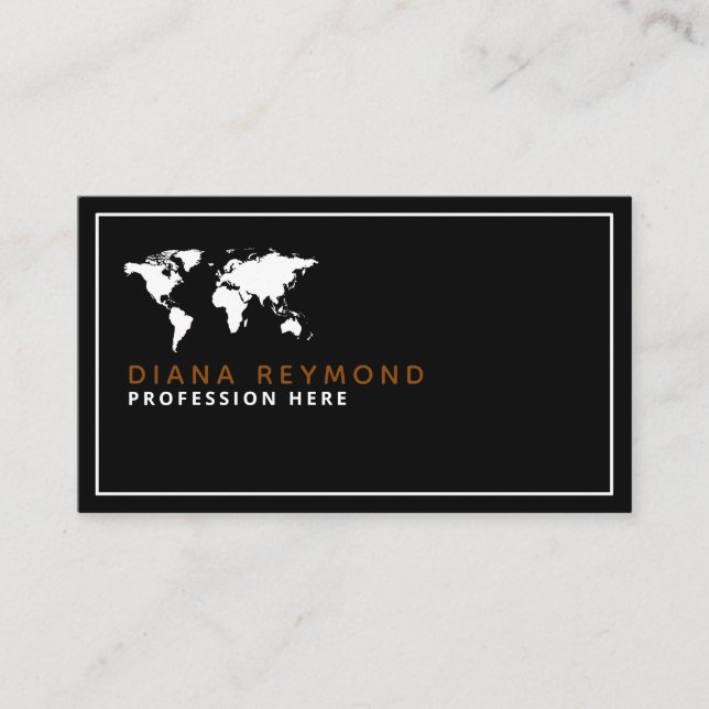 Visite carte du monde élégant agent de voyage noir (Devant)