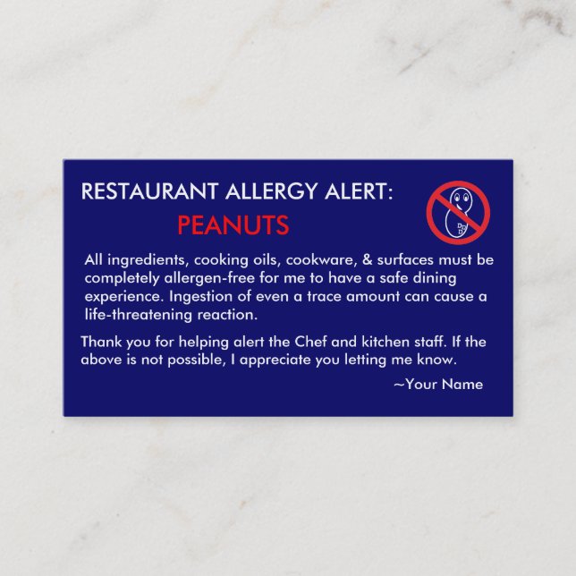 Visite Carte ICE pour le restaurant de l'allergie aux ara (Devant)