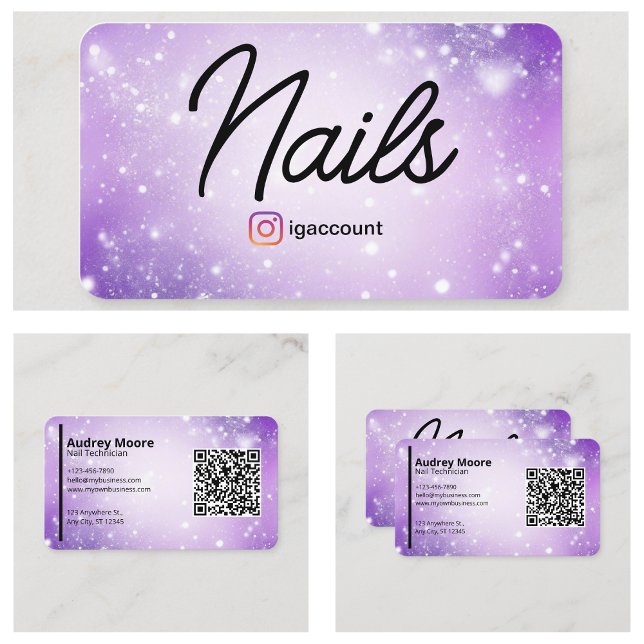 Visite Carte professionnelle violette de technicien en on (Design Purple Professional Card QR Code Nail Tech
)