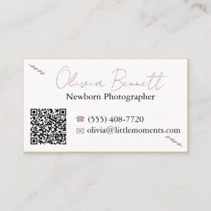 Visite Carte QR de photographe nouveau-né, écriture dorée