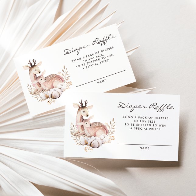Visite Carte Raffin de seins de bois de cerf de maman et  (Woodland theme diaper raffle card featuring watercolor mommy and baby deer and boho wreath.)