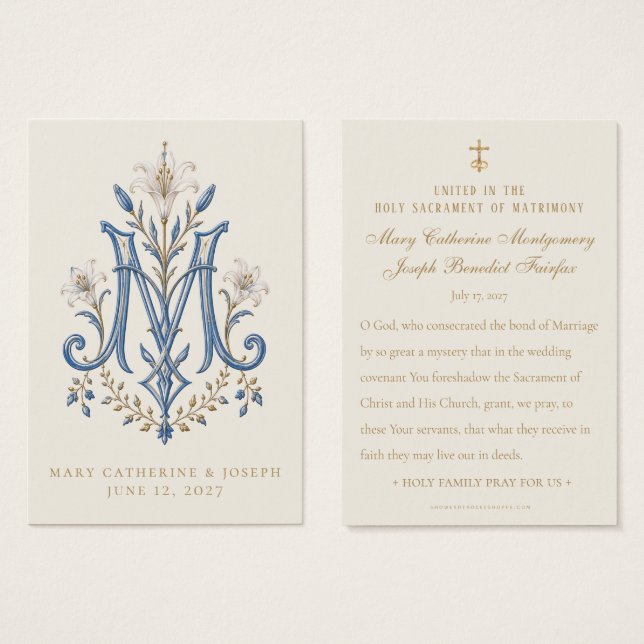 Visite Cartes de prière de mariage avec monogramme marian (Devant & derrière)