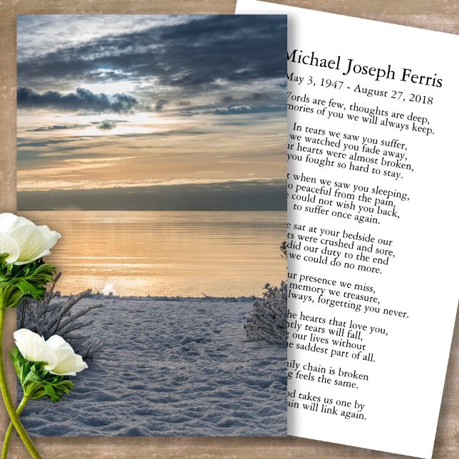 Visite Cartes de prière | Mer 1 (sunset, sunrise, beach, celebration of life, in loving memory of, prayer cards for bereavement)