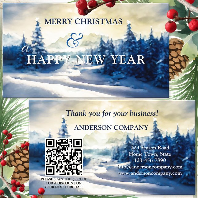 Visite Christmas Holidays Entreprise Merci Carte de visit (Christmas Thank You for your business business card with watercolor pine trees and QR code template)
