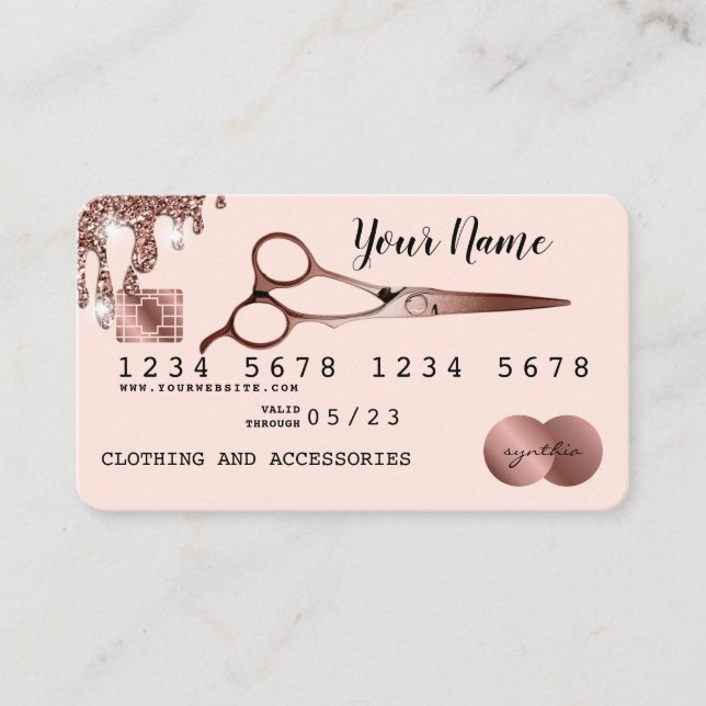Visite Ciseaux-cheveux Carte de crédit Rose stylisé Or (Devant)