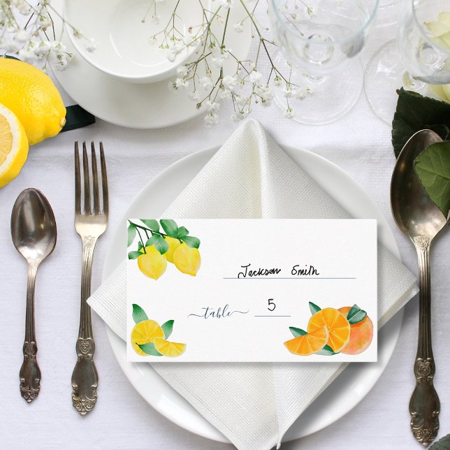 Visite Citrus Citron et Mariage orange Carte de place (Lemons and oranges citrus wedding budget place name cards)