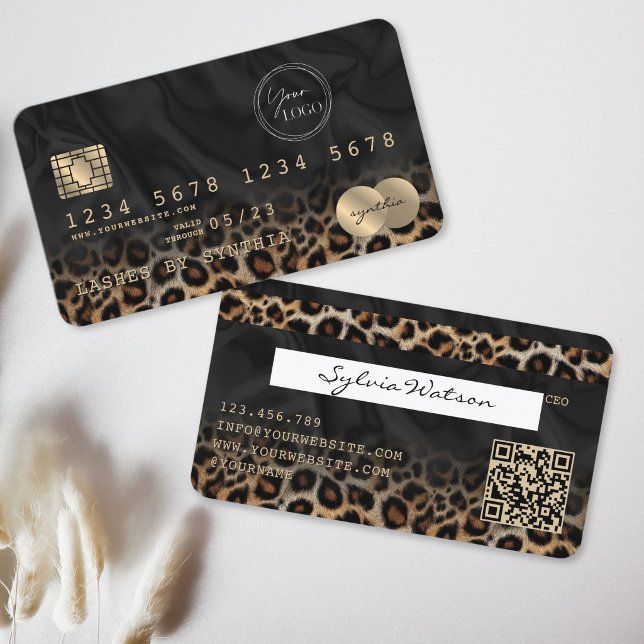 Visite Code QR Logo Léopard Moderne de Style Carte de Cré (Modern Leopard Logo QR Code Credit Card Style business card)