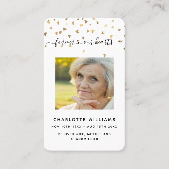 Visite Coeurs d'or blanc photo carte de prière funéraire (Devant)