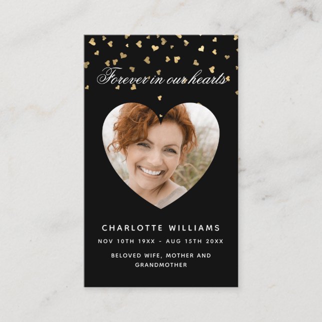 Visite Coeurs d'or noir photo carte de prière funéraire (Devant)