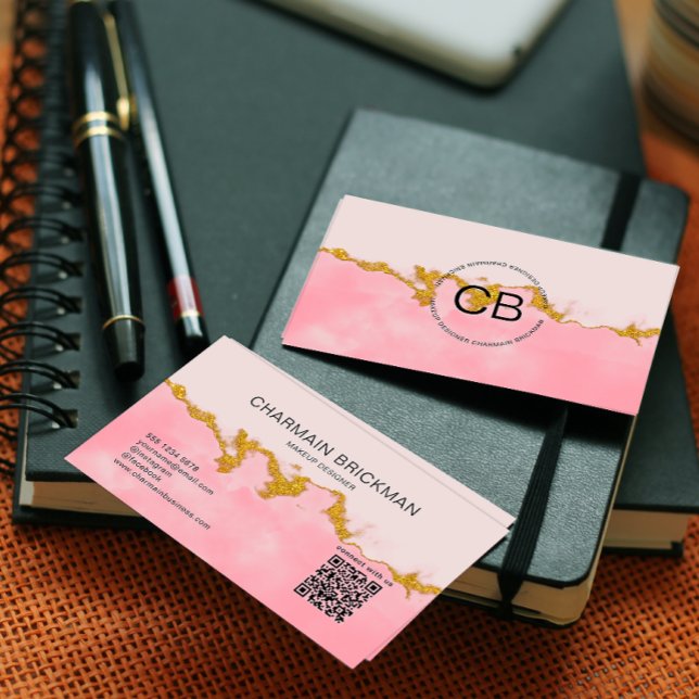 Visite Couleur d'eau rose QR Code Monogramme Carte de vis (Créateur téléchargé)