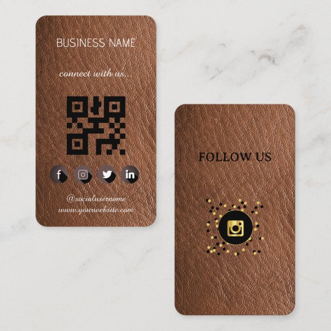 Visite Cuir Brown - Médias sociaux Code QR Carte de visit (Devant / Derrière)