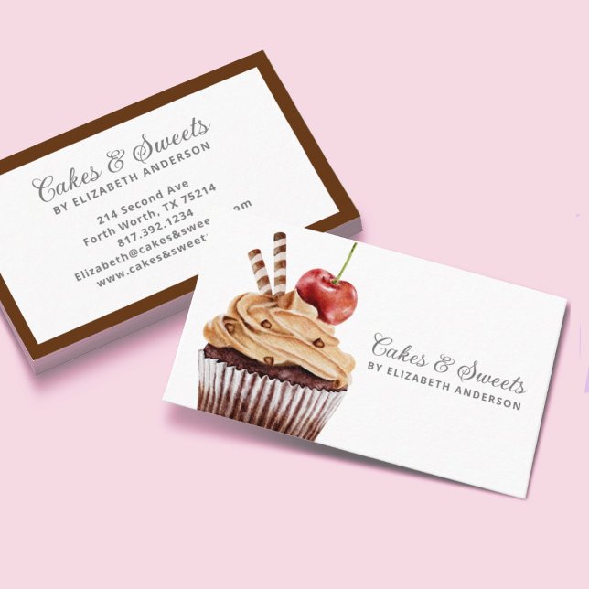 Visite Cupcake Pâtisserie Chef boulangerie Carte de visit (A modern and elegant cupcake bakery business card featuring a chocolate cupcake with a cherry on top)