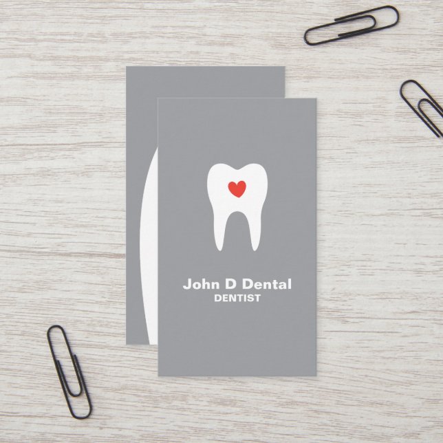 Visite dentiste dentaire gris dent et coeur carte de visi (Devant/Arrière en situation)