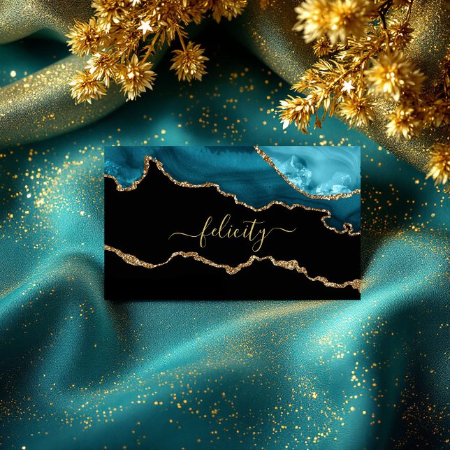 Visite Élégante carte de code QR en agate noire et turquo (Elegant Black and Turquoise Gold Agate QR Code Business Card)