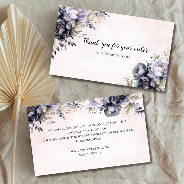 Visite Elégante Purple Floral Business Merci Carte de not (Purple Floral Watercolor Small Business Thank you card with coupon code)