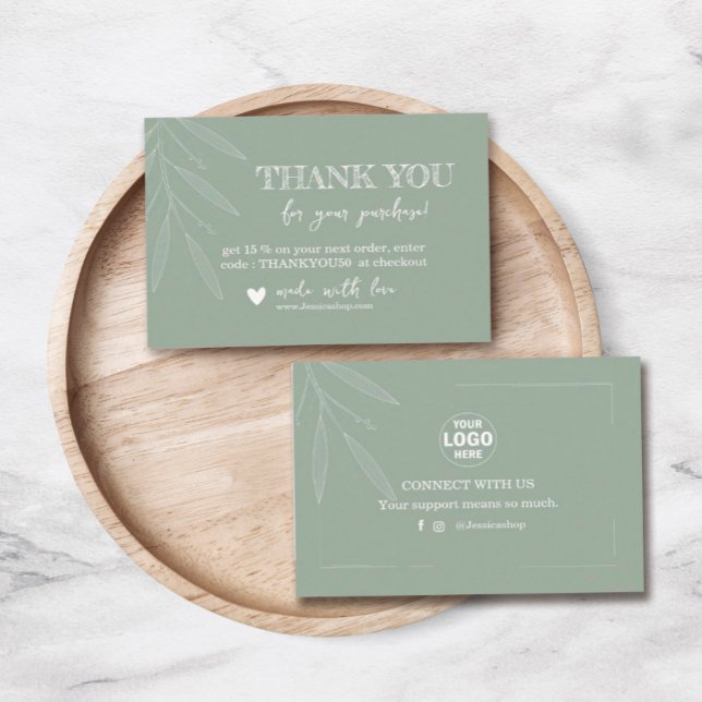 Visite Feuille minimale carte de remerciements | Sage Gre (#greeneryinteriordesign #script #modern #Customlogo #pastellightsagegreen #Minimalleaf # whimsical)