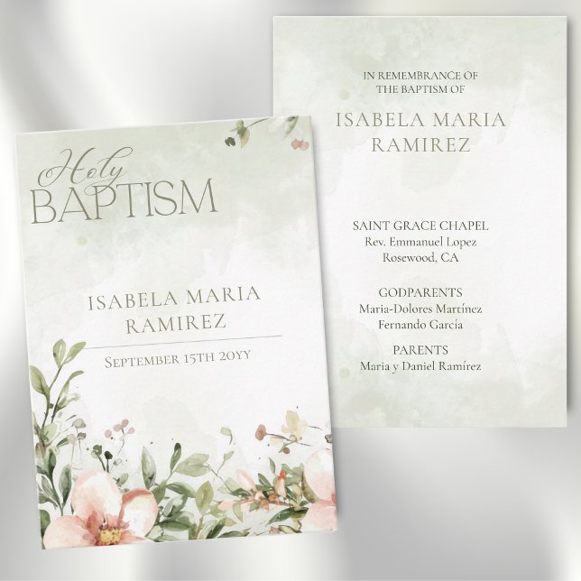 Visite Fleurs rose pâle baptême carte de souvenir vert (Créateur téléchargé)