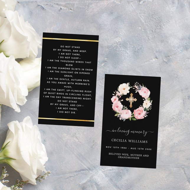 Visite Fleurs roses noires croisées carte de prière funér (Créateur téléchargé)