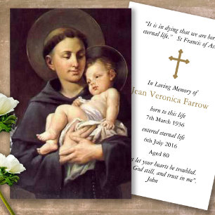 Visite Funérailles Catholique St Anthony Prière Cartes de