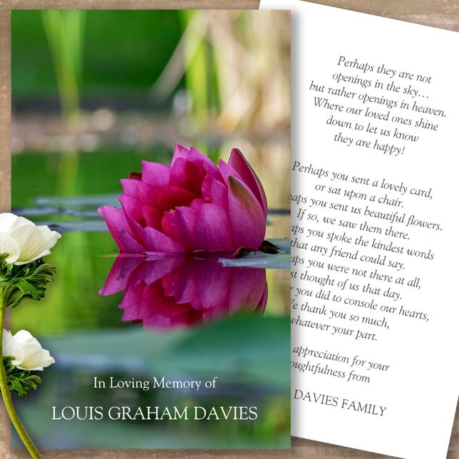 Visite Funérailles Lily Pond Memorial Prayer Cartes de sy (Forever in our hearts, celebration of life, in loving memory of, prayer cards for bereavement)
