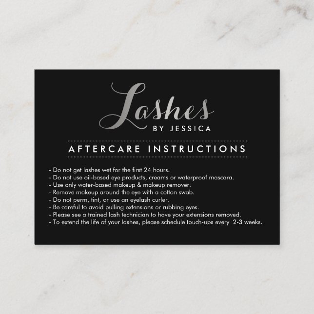 Visite Lashes de glam Script Argent/noir carte de soins p (Devant)
