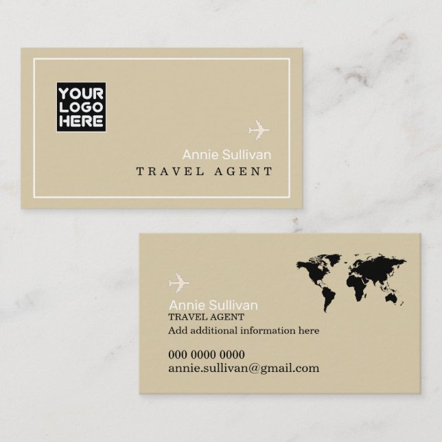 Visite Logo d'agent de voyages Avion Carte du monde Beige (Devant / Derrière)