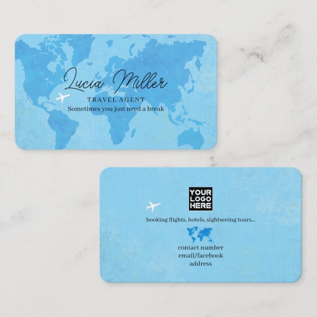 Visite Logo d'agent de voyages Carte du monde Bleu bébé (Devant / Derrière)