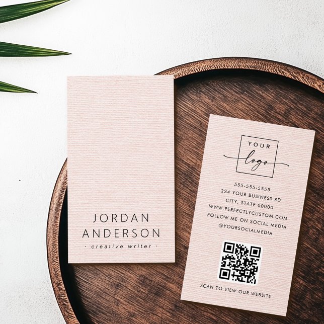 Visite Logo d'apparence de lin rose pâle QR code cartes d (Blush pink linen look logo QR code business cards)