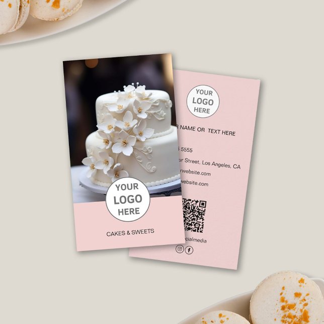Visite Logo de la boulangerie de gâteaux Photo QR Carte d (Cake Bakery Logo Photo QR Pink Business Card)