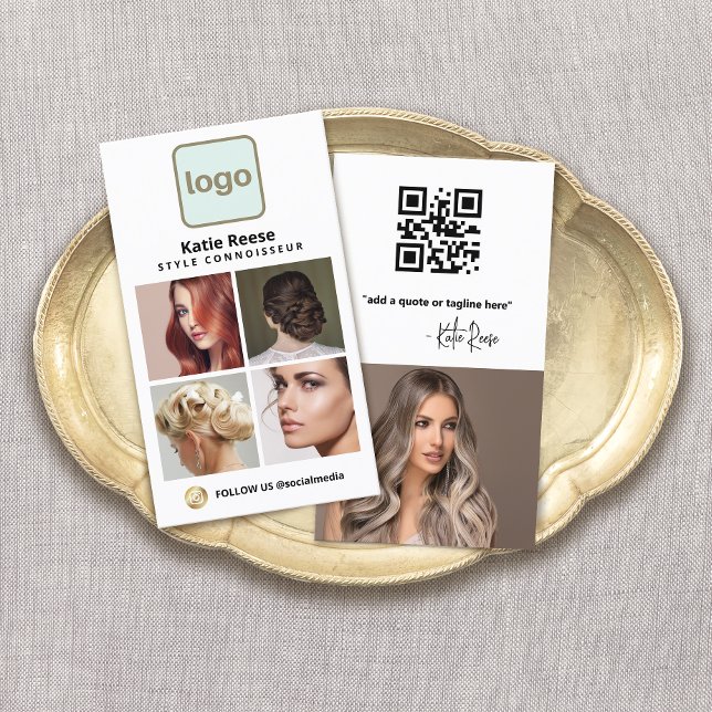 Visite Logo personnalisé Carte photo de médias sociaux -  (4 photo grid  business card with logo  and instagram social media networking icon and QR Code)