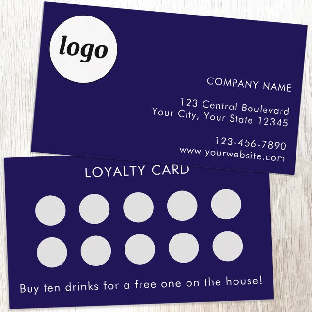 Visite Logo simple et carte de fidélité du client en bleu (Simple logo with custom text business branding promotional customer loyalty card in dark blue)